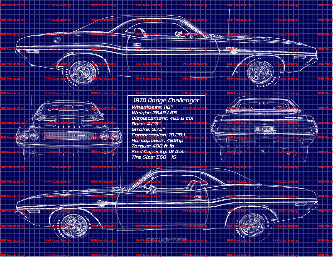 1970 Dodge Challenger R/T Hardtop 426 Blue Print Art 8x10 Frame A