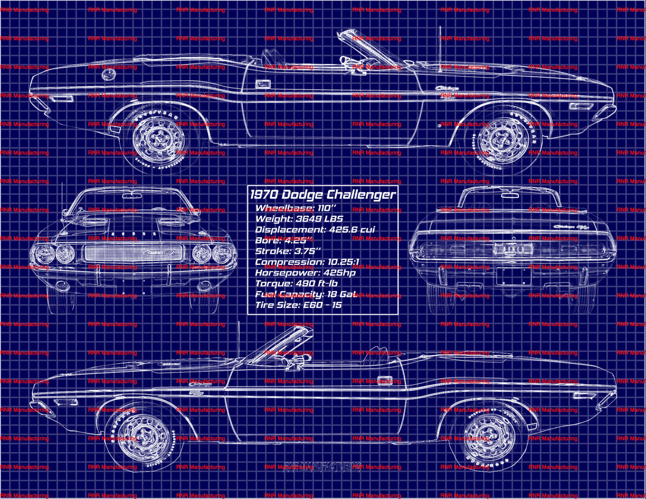 1970 Dodge Challenger R/T Convertible 426  Blue Print Art 8x10 Frame B