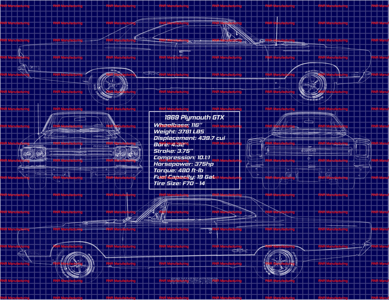 1969 Plymouth GTX 440 Hardtop Blue Print Art w/ 20x30 Frame
