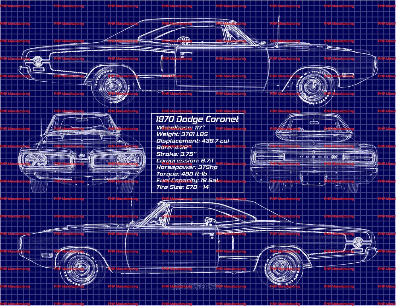 1970 Dodge Coronet Super Bee 440 Blue Print Art w/ 20x30 Frame