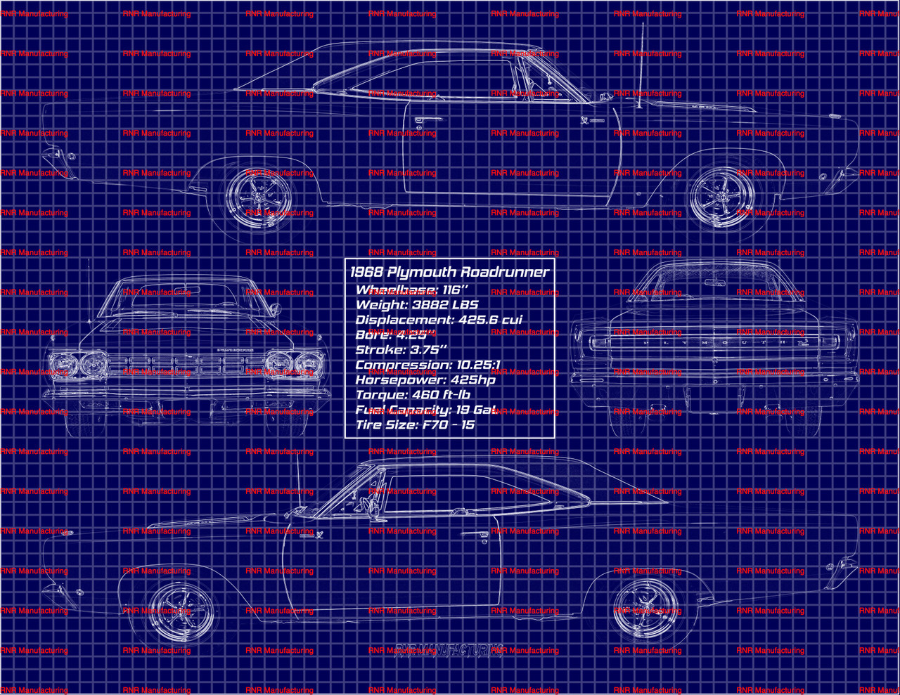 1968 Plymouth Roadrunner 426 Hardtop Blue Print Art 8x10 Frame B