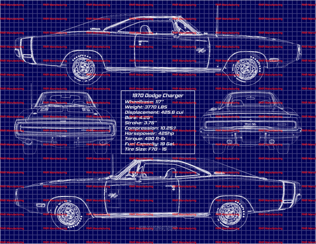 1970 Dodge Charger R/T 426 Blue Print Art w/ 8x10 Metal Frame