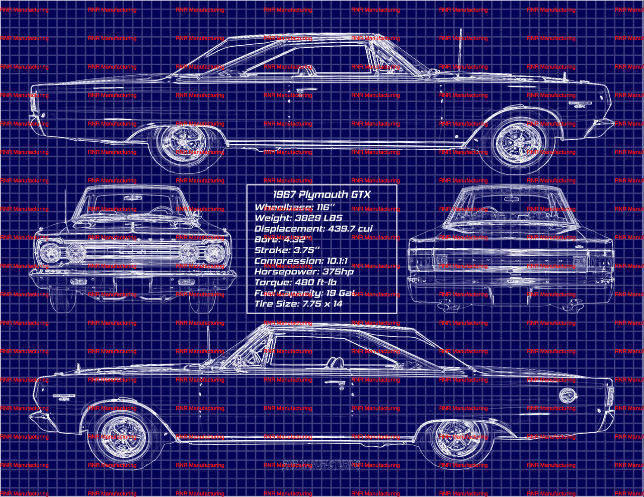 1967 Plymouth GTX Hardtop 440 Blue Print Art 8x10 Frame B