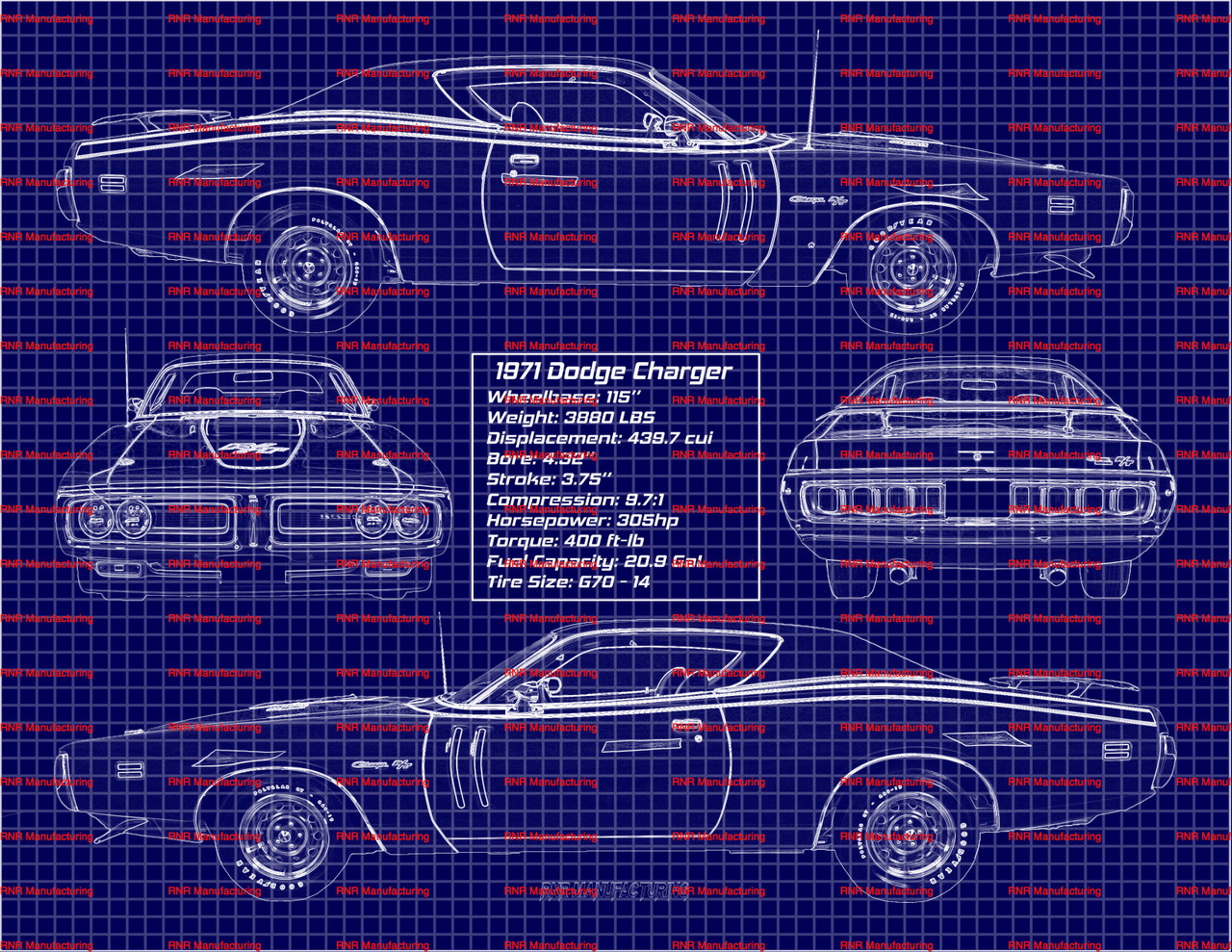 1971 Dodge Charger R/T 440 Blue Print Art 8x10 Metal Frame