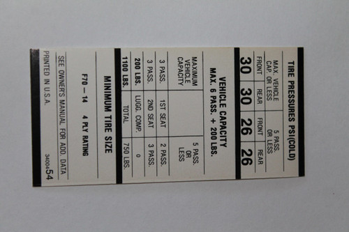 Decal Tire Pressure 69 B-Body F70X14 w/383 & 440