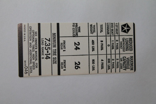 Tire Pressure 1973-1975 A Body 735X14