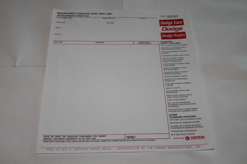 Window Price Sticker 1970-1973 Dodge