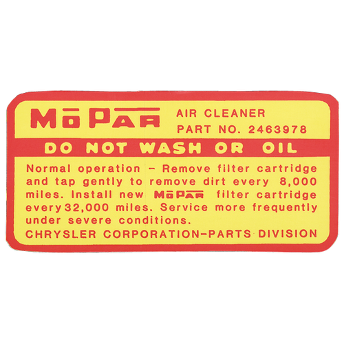 Decal Air Cleaner 64 Plymouth 426 Stage III Service Instructions