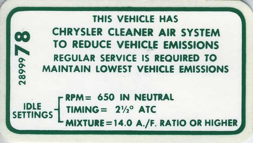 Decal Emissions 68-69 273-2V MT #2899978