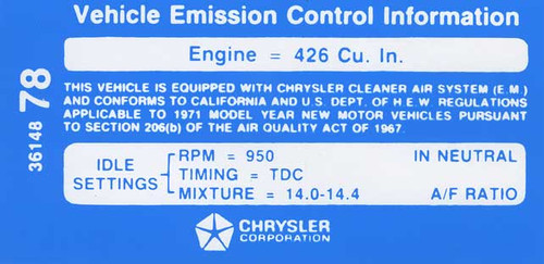 Decal Emissions 71 426-8V Hemi MT #3614878