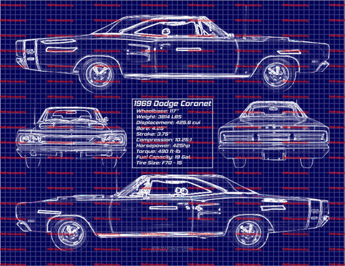 1969 Dodge Coronet R/T Blue Print Art w/ 11x14 Frame