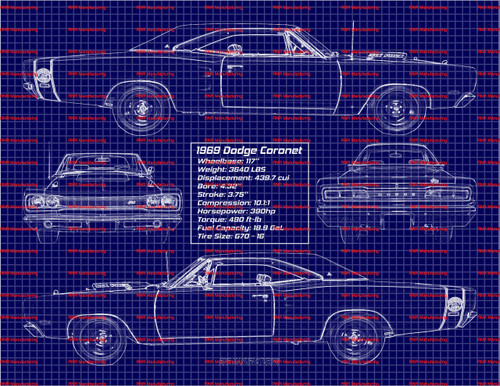 1969 Dodge Coronet Blue Print Art w/ 11x14 Frame