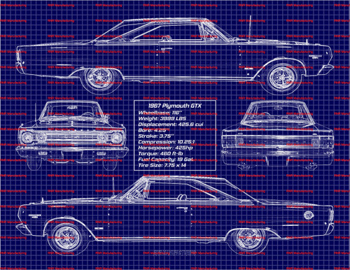 1967 Plymouth GTX 426 Blue Print Art w/ 20x30 Frame