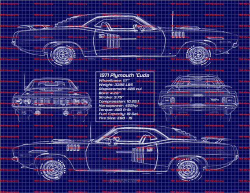 1971 Plymouth 'Cuda Hemi Blue Print Art w/ 8x10 Frame