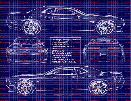 2018 Dodge Challenger Scat Pak 392 Blue Print Art w/ 8x10 Frame B
