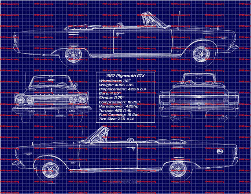 1967 Plymouth GTX Conv. 426 Blue Print Art w/ 8x10 Frame B
