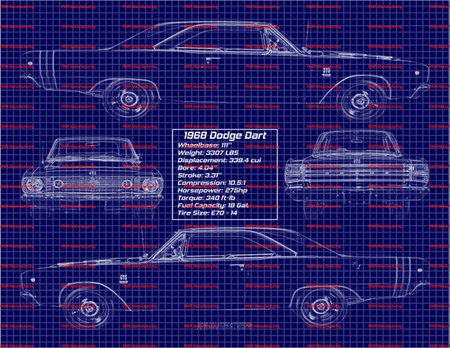 1968 Dodge Dart GTS Hdtp 340 Blue Print Art 8x10 Frame A