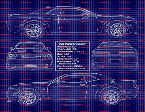 2019 Dodge Challenger Redeye Blue Print Art 11x14 Frame