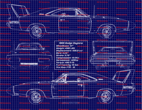 1969 Dodge Daytona Blue Print Art 11x14 Frame