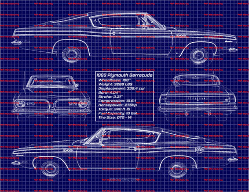 1969 Plymouth Barracuda Formula S Hardtop 340 Blue Print Art w/ 20x30 Frame