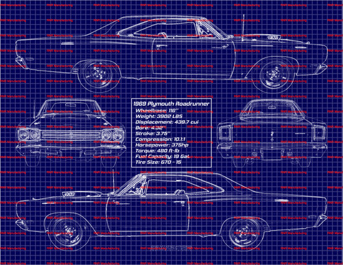 1969 Plymouth Roadrunner A-12 Hardtop 440 Blue Print Art 8x10 Frame B