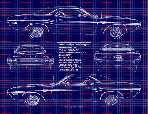 1970 Dodge Challenger R/T Hardtop 426 Blue Print Art 8x10 Frame B