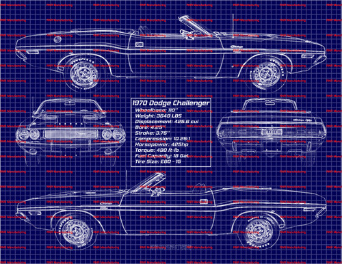 1970 Dodge Challenger R/T Convertible 426 Blue Print Art w/ 20x30 Frame