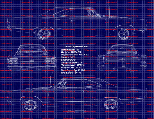 1969 Plymouth GTX 440 Hardtop Blue Print Art 8x10 Frame A
