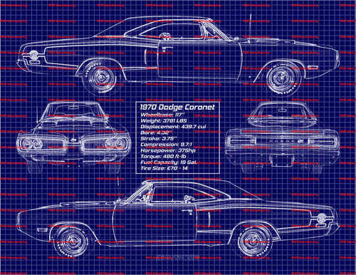1970 Dodge Coronet Super Bee 440 Blue Print Art w/ 20x30 Frame