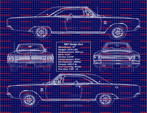 1967 Dodge Dart GTS 383 Hardtop Blue Print Art 8x10 Frame A