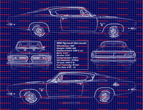 1968 Plymouth Barracuda Formula S 340 Fastback Blue Print Art w/ 11x14 Frame