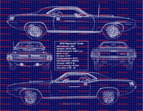 1970 Plymouth 'Cuda 440 6-Pack Hardtop Blue Print Art 8x10 Frame B