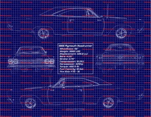1968 Plymouth Roadrunner 426 Hardtop Blue Print Art 8x10 Frame A