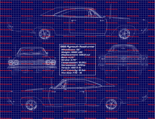 1968 Plymouth Roadrunner 426 Hardtop Blue Print Art 8x10 Frame B