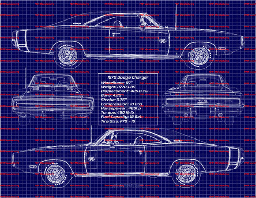 1970 Dodge Charger R/T 426 Blue Print Art w/ 8x10 Metal Frame