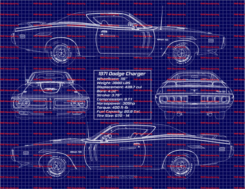 1971 Dodge Charger R/T 440 Blue Print Art 8x10 Frame A
