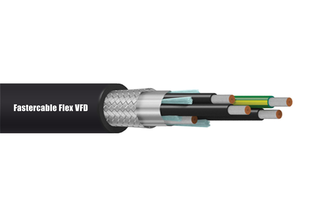 Flexible VFD cable, 4 conductors (includes ground), 10 AWG, XLPE / XHHW-2  insulation,overall foil and braid shield, 600V/1000V, black jacket, 