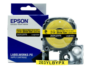 Heat Shrink Tube Label Cartridge, Epson LabelWorks PX, 1/8 in (3mm), Black on White, AWG 16-22, 203YLBWPX