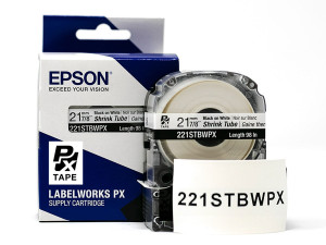 Heat Shrink Tube Label Cartridge, Epson LabelWorks PX, 7/8 in (21mm), Black on White, AWG 0000-1, 221STBWPX