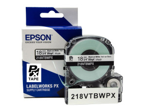 Vinyl Label Tape Cartridge, Epson LabelWorks PX, 3/4 in (18mm) x 22.9 ft, Black on White, 218VTBWPX