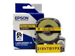 Vinyl Label Tape Cartridge, Epson LabelWorks PX, 3/4 in (18mm) x 22.9 ft, Black on Yellow, 218VTBYPX