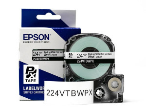 Vinyl Label Tape Cartridge, Epson LabelWorks PX, 1 in (24mm) x 22.9 ft, Black on White, 224VTBWPX