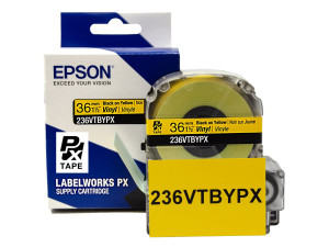Vinyl Label Tape Cartridge, Epson LabelWorks PX, 1-1/2 in (36mm) x 22.9 ft, Black on Yellow, 236VTBYPX