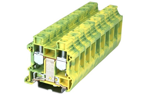 Ground Terminal Block, Screw Clamp, DIN rail mount, 14-3 AWG, Green/Yellow, 600V 100A, DK16N-PE