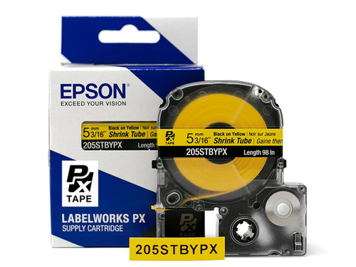 Heat Shrink Tube Label Cartridge, Epson LabelWorks PX, 3/16 in (5mm), Black on Blue, AWG 10-18, 205YLBBPX