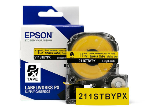 Heat Shrink Tube Label Cartridge, Epson LabelWorks PX, 1/2 in (11mm), Black on Yellow, AWG 2-8, 211STBYPX