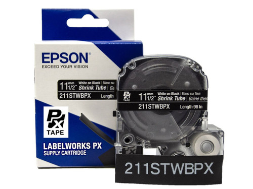 Heat Shrink Tube Label Cartridge, Epson LabelWorks PX, 1/2 in (11mm), White on Black, AWG 2-8, 211STWBPX