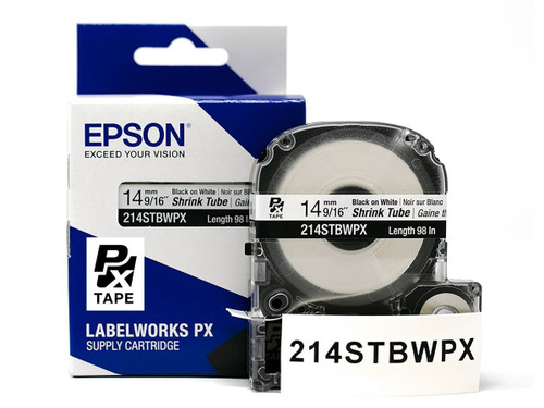 Heat Shrink Tube Label Cartridge, Epson LabelWorks PX, 9/16 in (14mm), Black on White, AWG 0-5, 214STBWPX