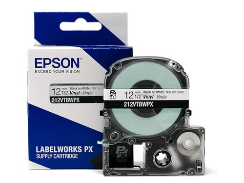 Vinyl Label Tape Cartridge, Epson LabelWorks PX, 1/2 in (12mm) x 22.9 ft, Black on White, 212VTBWPX