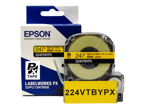 Vinyl Label Tape Cartridge, Epson LabelWorks PX, 1 in (24mm) x 22.9 ft, Black on Yellow, 224VTBYPX